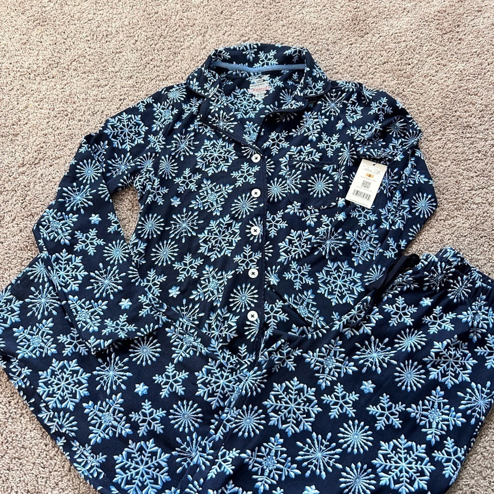 Rene Rofe Women’s PJ Set Navy w Shades of Blue Snowflakes Size S